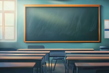 Blur background of interior design of empty classroom with blackboard. Empty classroom with desk, chair and blackboard at school. No people. Cartoon style. Education concept. Back to school. Spate, ai