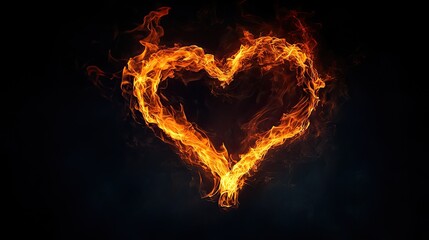 A heart-shaped flame set against a dark background, representing passion, love, and energy with bright, vivid flames.