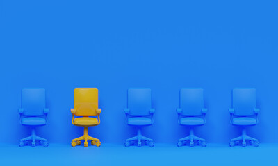 Yellow chair stands out from the crowd. Business concept. Job recruitment. Company management structure concept.