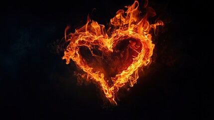A heart-shaped flame set against a dark background, representing passion, love, and energy with bright, vivid flames.