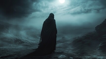 A shadowy, hooded figure walks through a desolate and foggy landscape, evoking a sense of mystery and darkness.