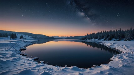 Fototapeta premium realistic landscape illustration of a lake, mountains, and a beautiful sky