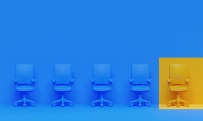 Yellow chair stands out from the crowd. Business concept. Job recruitment. Company management structure concept.