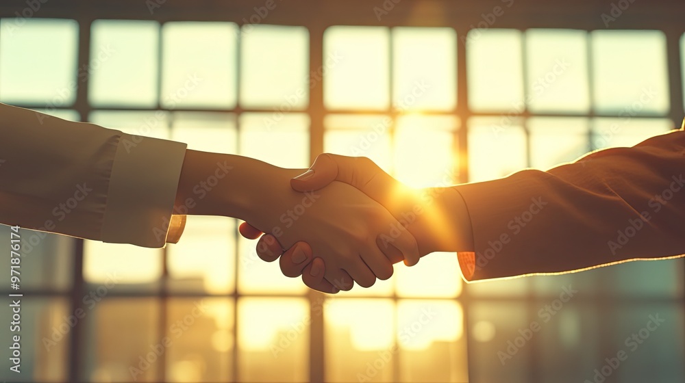 Wall mural two individuals shaking hands in a bright, sunlit office, symbolizing partnership, cooperation, and 