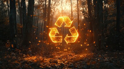 A glowing recycling symbol floats in an autumn forest at sunrise, symbolizing environmental conservation, sustainability, and eco-friendly practices.