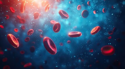 Fototapeta premium Close-up view of red blood cells floating in plasma, showcasing the vital role of blood circulation and health in the human body.