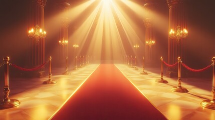 A grand, luxurious red carpet pathway illuminated by dramatic spotlight.
