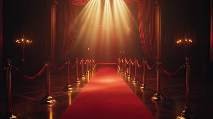 A grand, luxurious red carpet pathway illuminated by dramatic spotlight.