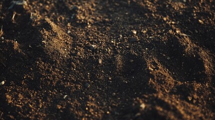 A close-up view of dark, fertile soil, warmly illuminated by sunlight, symbolizing growth, agriculture, and natural earth textures.