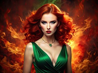 Naklejka premium Confident seductress with fiery red hair, porcelain skin, and piercing green eyes poses in a sultry red dress, exuding fiery passion and uncanny allure.