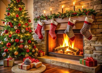 Cozy fireplace scene with stockings hung, festive decorations, and Christmas tree in the background, perfect for coloring and holiday cheer inspiration.