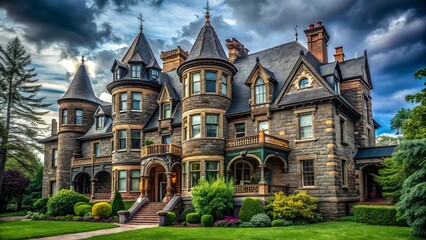 The Victorian mansion loomed, its pointed turrets piercing the sky, arched windows like gaping mouths, stonework