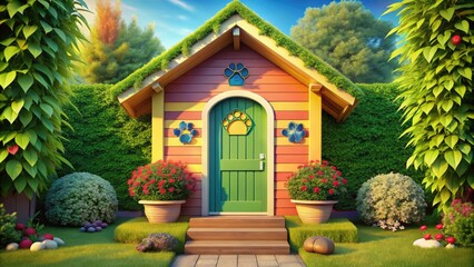 Cozy illustration of a whimsical dog house with colorful shutters, a welcoming porch, and a playful paw print above the doorway, surrounded by lush greenery.