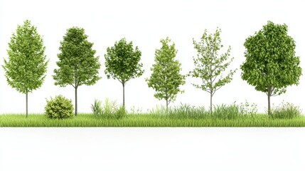 Obraz premium Green Trees Shrubs and Grass Isolated on White Background