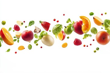 Different fresh fruits and vegetables in air on white background , ai