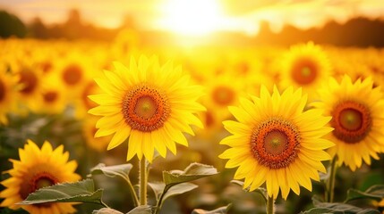 Fototapeta premium Golden Sunflowers Field at Sunset