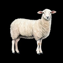 Fototapeta premium Watercolor Illustration of a White Sheep Standing on a Black Background