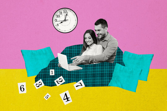 Composite photo collage of two happy girl guy cuddle together lay bad look film laptop broke clock numbers isolated on painted background