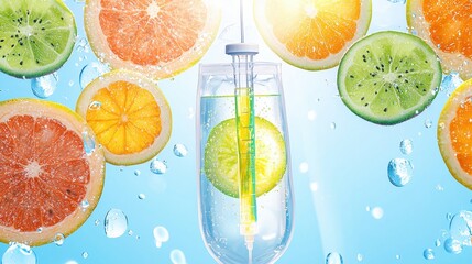 Citrus Fruit IV Drip with Water Droplets on Blue Background