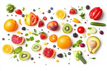 Different fresh fruits and vegetables in air on white background , ai
