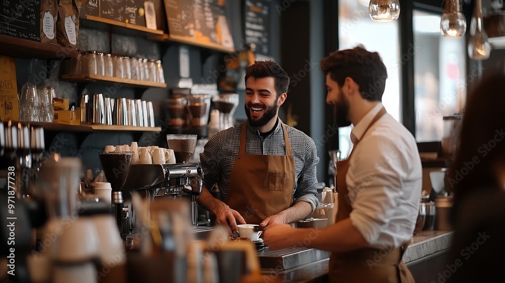 Poster Group of cheerful men baristas wearing aprons working at the counter in cafe indoors talking : Generative AI