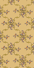 Pattern of purple flowers and orange berries on green vines arranged elegantly over a cream background with a vintage, distressed look.