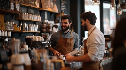 Fototapeta premium Group of cheerful men baristas wearing aprons working at the counter in cafe indoors talking : Generative AI