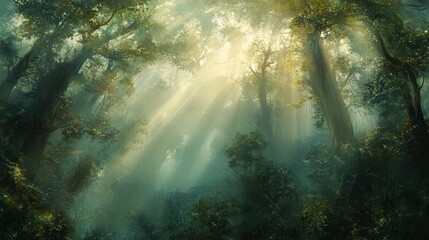Obraz premium A dense, misty forest with towering ancient trees and soft rays of sunlight piercing through the fog, evoking a sense of mystery and tranquility