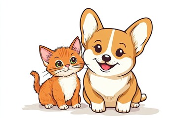 Obraz premium Cute Welsh corgi puppy and a red kitten sit together on a white background. isolated on a white background, ai