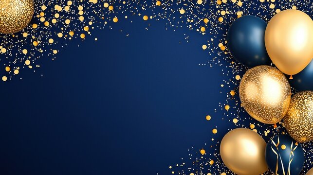 Blue and Gold Balloons with Confetti on a Navy Background - Powered by Adobe