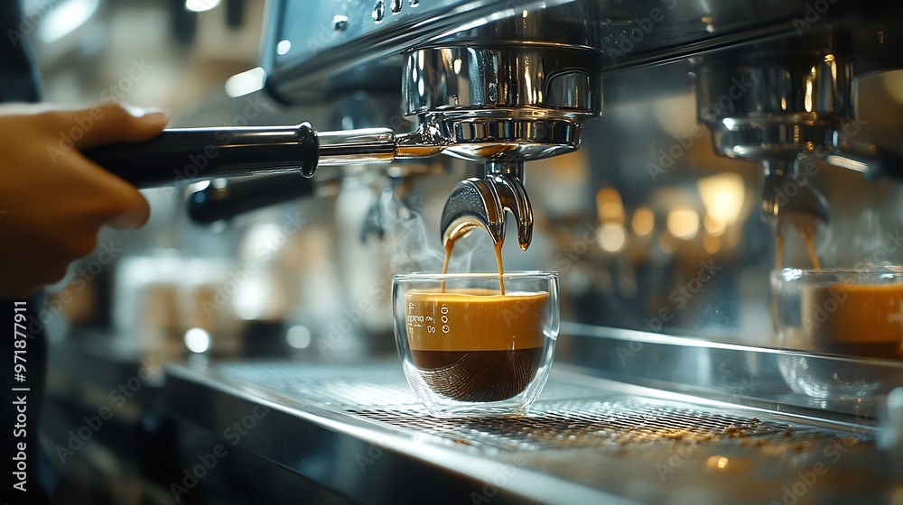 Aufkleber barista is making espresso coffee with an automatic coffee machine ready to serve customers in the c