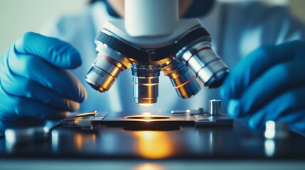 A detailed view of a medical professional using a microscope, examining a sample with precision in a laboratory setting.