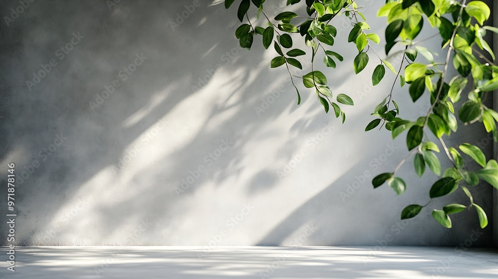 Poster background studio white wall cement with leaves shadow and marble floorempty grey concrete studio ro