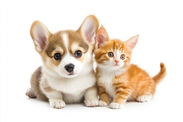 Obraz premium Cute Welsh corgi puppy and a red kitten sit together on a white background. isolated on a white background, ai