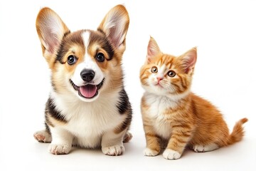 Obraz premium Cute Welsh corgi puppy and a red kitten sit together on a white background. isolated on a white background, ai