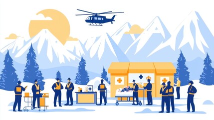 Mountain Rescue Team with Helicopter Illustration