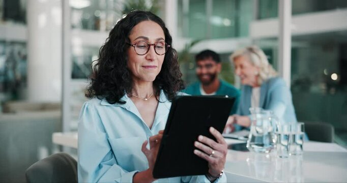 Tablet, mature woman and office with research for medical finance or funding. Hospital director, digital technology and senior clinic administrator for healthcare, scroll and internet for information