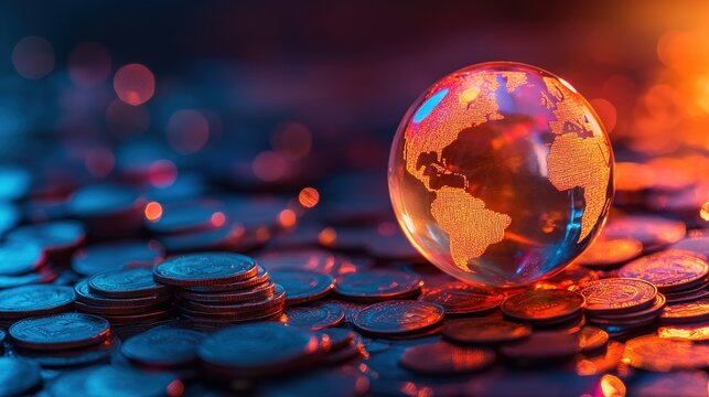 Illuminating Global Prosperity - Glowing Globe on Coin Stack Signifying Financial Growth and Investment Opportunities