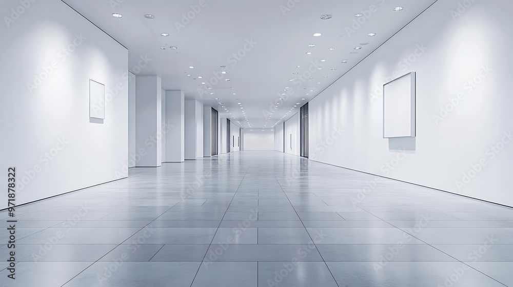 Poster bright white large room with white walls and white blank tile floor illuminated with spotlights illu