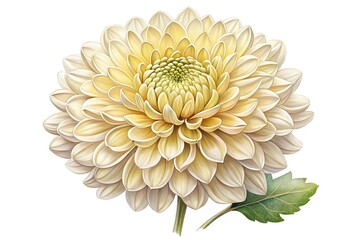 Delicate, hand-drawn illustration of a chrysanthemum flower in soft, muted colors, showcasing intricate petals and centered yellow disk, set against a crisp white background.