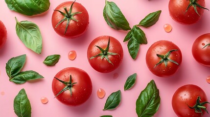 Creative layout made of tomato and leaves on pink and white background Flat lay Food concept : Generative AI
