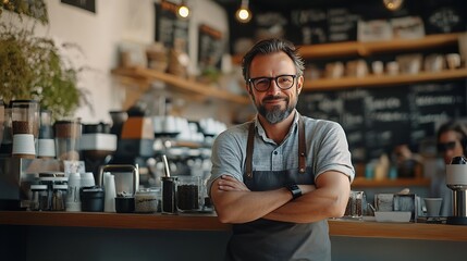 Obraz premium Male business owner behind the counter of a coffee shop with crossed arms looking at camera : Generative AI