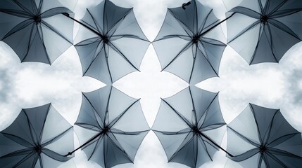 Artistic pattern of colorful umbrellas floating against a white-cloud background, creating a beautiful and dynamic visual experience