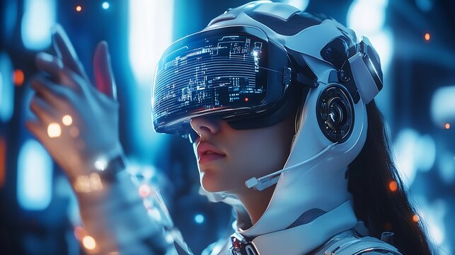 Astronaut in futuristic costume Girl in glasses of virtual reality while touching air Augmented reality game future technology AI concept Dark background : Generative AI