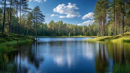 Fototapeta premium Summer landscape in forest with beautiful lake Amazing lake landscape Colorful nature scenery created by beautiful seasons lake in the forest European nature landscape : Generative AI