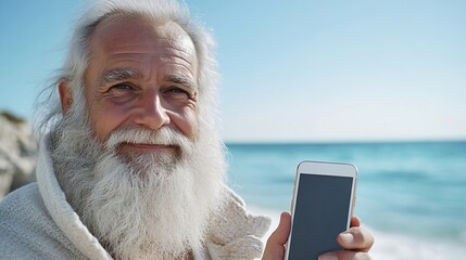 Closeup portrait of cheerful senior bearded man using smartphone in video call sitting outdoors at sea beach enjoying freedom vacation or retirement concept : Generative AI