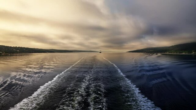 Rear view from the aft deck of a ferry, a journey through the Oslofjord where a cruise ship follows in the gentle wake, surrounded by a golden morning sky with smooth stratus clouds and calm waters.