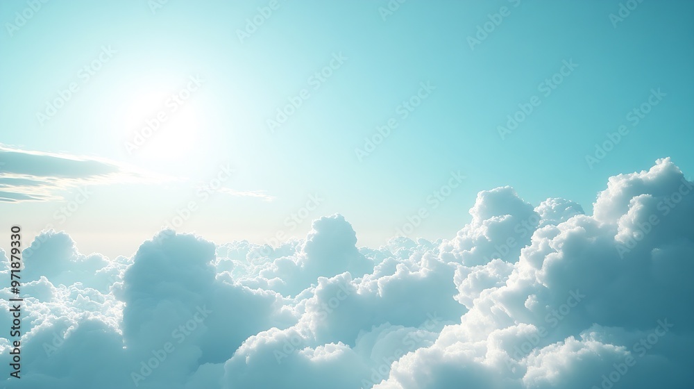 Poster white and grey cumulus clouds floating in sunny sky after storm with natural sunlight dramatic cloud