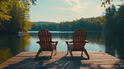 Two Adirondack chairs on a wooden dock facing a lake in Muskoka Ontario Canada during a sunny summer morning Cottages are nested between trees across the water : Generative AI