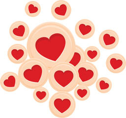 Heart shaped cookies with red icing are floating on a white background